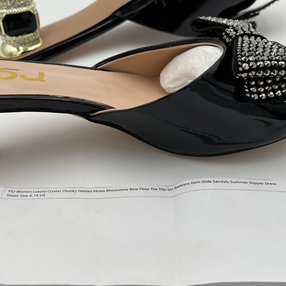 FSJ Black Luxury Crystal Chunky Heel Mules Rhinestone Bow Peep Toe Dress Shoes - Picture 7 of 7